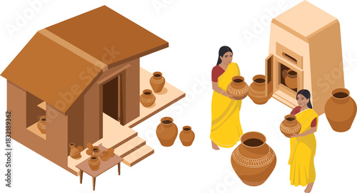 Isometric illustration of Indian village pottery scene with women artisans, clay pots, traditional house, handmade crafts and rural cultural craftsmanship