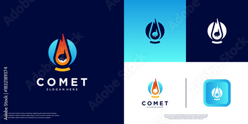 Comet logo crossing the atmosphere, fire tail effect, speed, graphic design template.