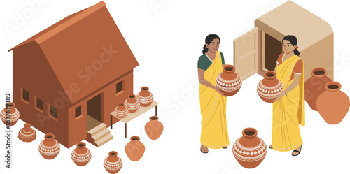 Isometric illustration of Indian village pottery scene with women artisans, clay pots, traditional house, handmade crafts and rural cultural craftsmanship