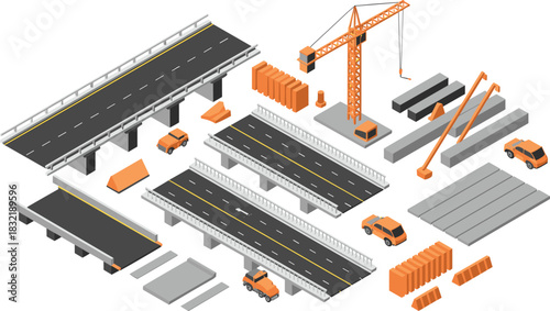 Isometric 3D illustration of highway construction with bridge segments, cranes, vehicles, concrete beams, road elements and infrastructure building equipment