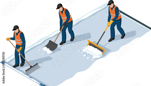 Isometric illustration of winter workers clearing snow with shovels and rakes, outdoor maintenance crew performing snow removal and seasonal weather cleanup