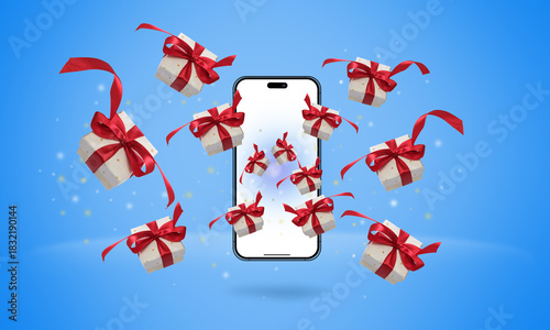 Smartphone with empty screen close-up with white gift boxes with red bows flying out of phone screen. Christmas sale concept, discounts, Black Friday