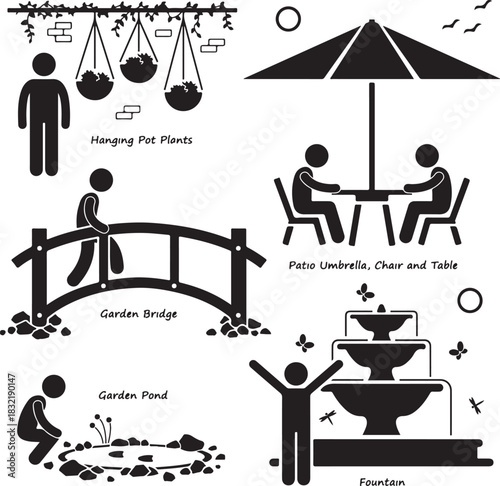Vector silhouette icons set of people life activities like work, business, family, camping, and in a cafe