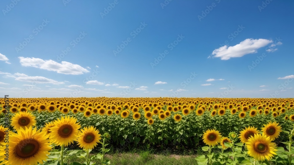 Fototapeta premium Expansive field of blooming sunflower under a bright blue sky with a few clouds. Summer agricultural landscape for nature and farming concept.