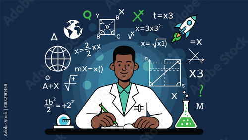 Scientist surrounded by science equations and laboratory elements, representing innovation, research, education, discovery, and technology, perfect for scientific visualizations
