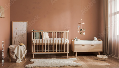 Interior of a modern nursery room featuring a wooden crib, changing table, terracotta colored walls, and a hanging mobile.