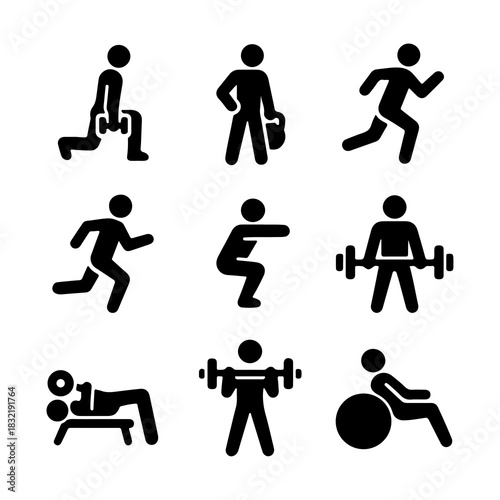 Fitness Workout Silhouette Icon Set — Gym Exercise Poses, Running, Squat, Dumbbell, Barbell, Kettlebell, Bench Press, Flat Vector