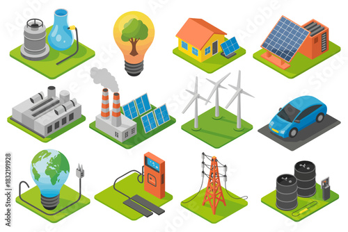 Isometric illustration showing various sources of energy and power generation