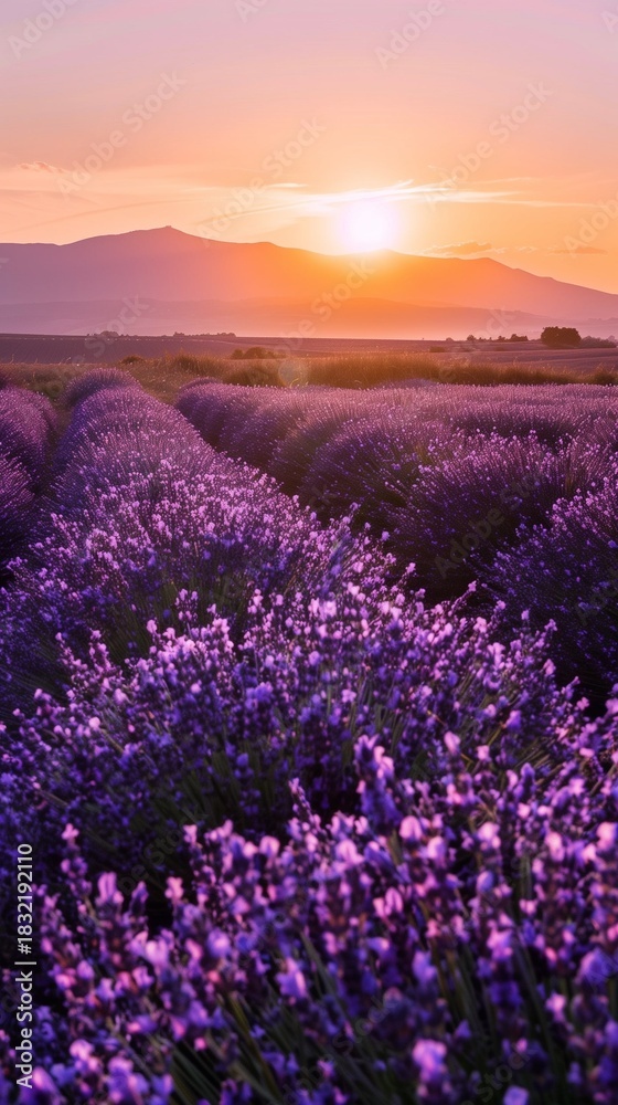 Fototapeta premium Lavender field at sunrise, purple flowers stretching into horizon, dreamy nature phone wallpaper.