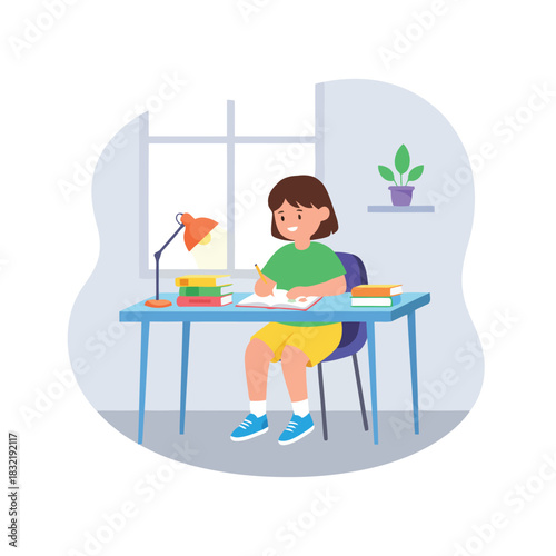 A young girl studies at her desk, illuminated by a lamp in a cozy home setting