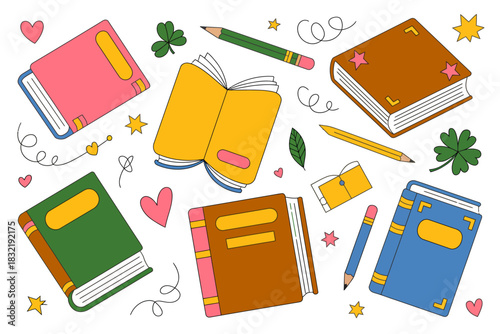 Illustration of colorful books pencils clovers hearts stars and doodles on white