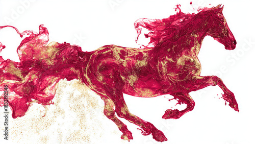 A majestic horse rendered in a dynamic splash of crimson liquid and golden glitter, galloping with vibrant energy against a white backdrop.