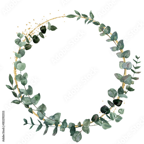 Watercolor flower wreath with gold circle frame.
