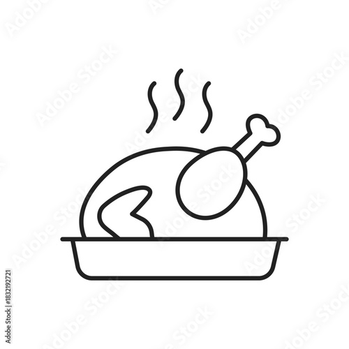 Line icon of a whole roasted chicken in a baking dish