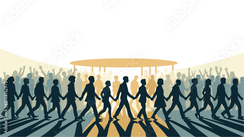 Silhouette of a Crowd Holding Hands and Walking Together, Supported by Enthusiastic Spectators with Raised Arms on a Platform of Unity.