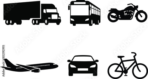 Vector set of transportation icons including car, truck, bus, train, taxi, and motorcycle symbols for travel and delivery design