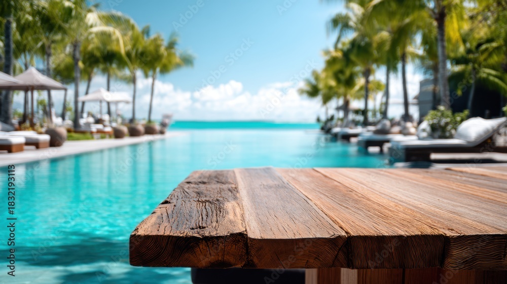 Fototapeta premium Empty wooden table with blurred tropical infinity pool, palm tree, and ocean in background. Concept for product display, summer vacation, and luxury resort.