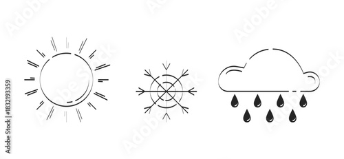 Minimalist weather conditions doodle linear objects set. Sunny, snowy and rainy forecast season 2D vector outline clip arts drawings isolated on white. Hand drawn sketch illustrations collection