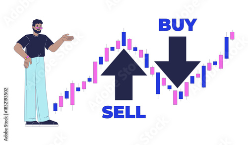 Buy and sell trading signals 2D illustration concept. Market analysis. Investment decisions. Black man presenting candlestick chart cartoon character isolated on white. Flat abstract vector metaphor
