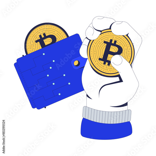 Crypto wallet 2D illustration concept. Cryptocurrency transaction. BTC digital currency storage. Hand holding bitcoin with e-wallet cartoon composition isolated on white. Flat abstract vector metaphor