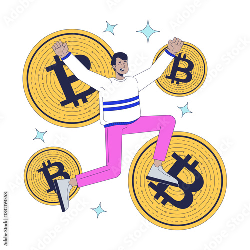 Crypto wealth 2D illustration concept. Cryptocurrency success. Financial BTC profits. Excited indian man leaping among bitcoin coins cartoon character isolated on white. Flat abstract vector metaphor