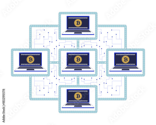 Bitcoin blockchain network of connected computers 2D illustration concept. Decentralized cryptocurrency. Digital transactions cartoon composition isolated on white. Flat abstract vector metaphor