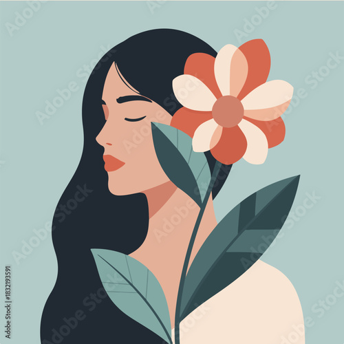 Portrait of a young woman with flowers in her hair on a soft pastel beige background. Happy Women's Day. Concept of feminism, women's empowerment, geographic equality. Happy Mother's Day. Spring vecto