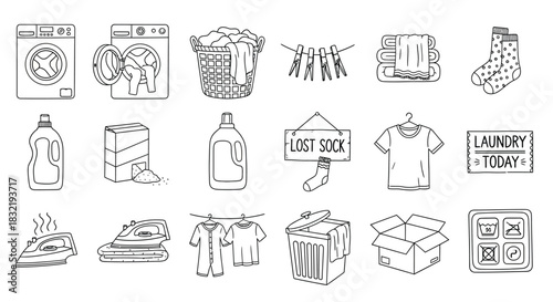 Laundry day doodle set with washing machine, clothes, detergent, iron, and other related items vector illustration
