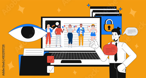 Digital privacy and user profiling 2D mixed media illustration. Diverse people monitoring. Online individuals identity analyzing cartoon conceptual collage art. Vector flat concept on color background