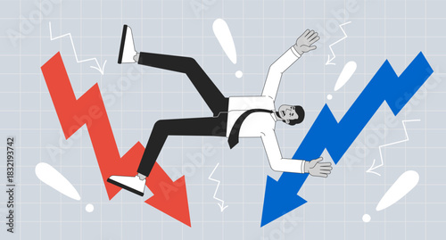 Businessman falling between downward market trends 2D mixed media illustration. Investor loss. Unpredictable financial downturn cartoon conceptual collage art. Vector flat concept on color background