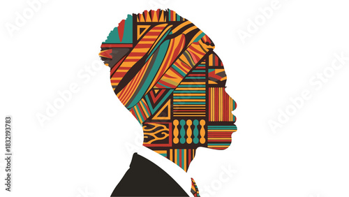 African Identity: Silhouette of a Man with Traditional Kente Cloth Pattern, Symbolizing Culture, Heritage, and Diversity, Rich Colors, and Cultural Pride.