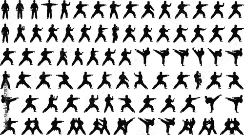 Extensive collection of martial arts silhouettes in various karate, kick, punch, and fighting poses, symbolizing self-defense, discipline, sport, training, and combat fitness.