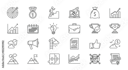 Hand drawn doodle business icons set, success, strategy, management, marketing, start up, target, money, growth