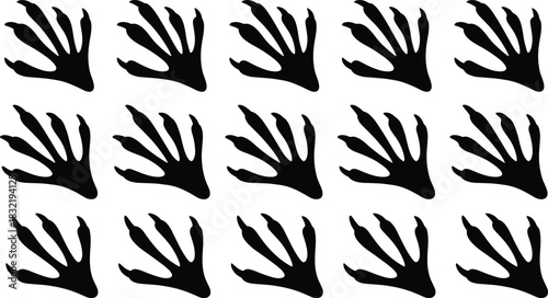 Set of fifteen black reptile or lizard paw prints with five toes, symbolizing animal tracks, wild nature, zoology, wildlife, danger, and primeval creature research.