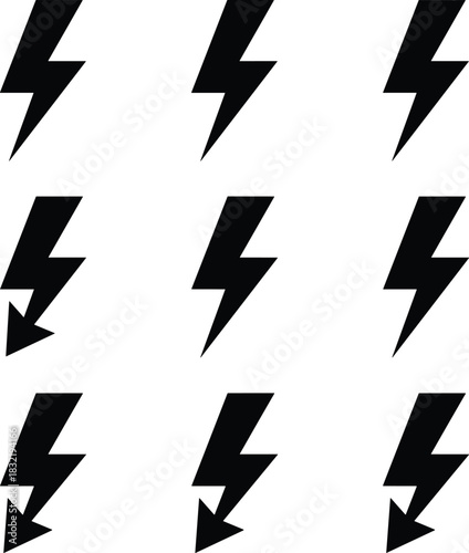Set of nine black lightning bolt vector icons, symbolizing electricity, power, energy, danger, speed, warning, risk, emergency, and charging elements.