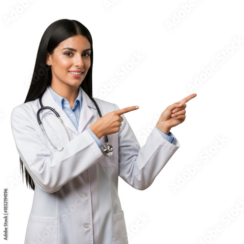 Smiling female doctor pointing to the right isolated on transparent background