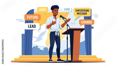 Dynamic Speaker Delivering Empowering Message on Stage, Inspiring Future Change and Leadership with Hope and Vision, Motivating Positive Action