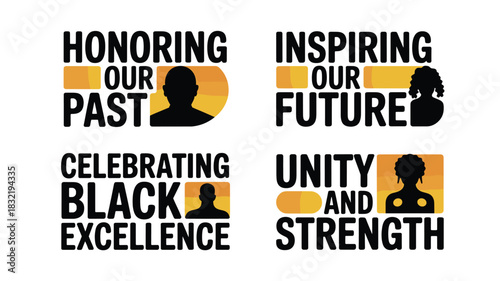 Black History Month Celebration: Honoring Past, Inspiring Future, Celebrating Excellence, and Unity with silhouettes and gold color accents, highlighting Black community.
