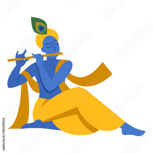 Minimalist artistic depiction of Krishna sitting peacefully while playing the flute, featuring vibrant colors and flowing fabric elements. flat vector illustration