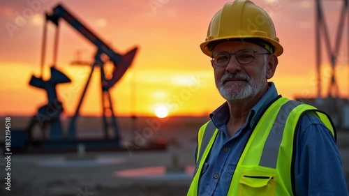 Older male worker in safety vest and hardhat at an industrial oil and gas plant during sunset.