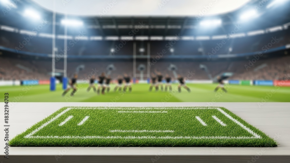 Fototapeta premium Empty rugby stadium grass field with focus on desk and blurred players