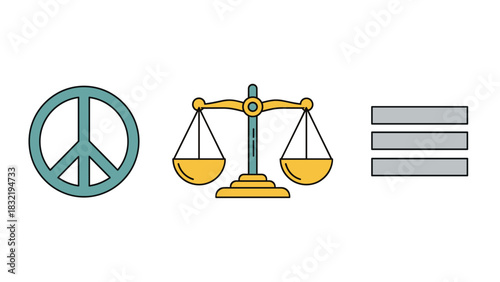 Peace, Justice, and Equality Icons: Symbolizing Global Harmony, Fair Governance, and Equal Rights in a Vector Graphic Design