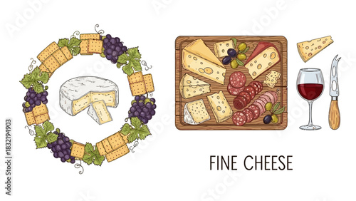  Gourmet cheese vector elements with cracker wreath, charcuterie board, and wine for food branding