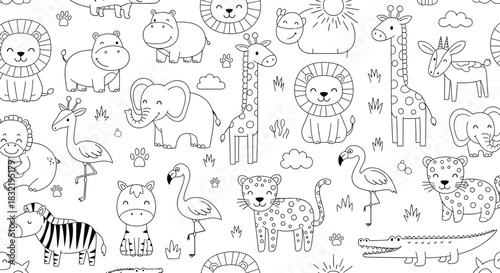 Seamless pattern with cute african animals vector background with lion, hippo, elephant, giraffe, zebra, flamingo, crocodile