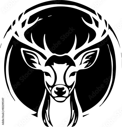 Majestic deer head with antlers, elegant vector artwork for nature brand, outdoors logo, wildlife symbol, hunting club emblem, rustic design element