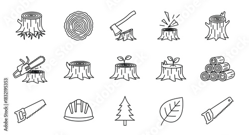 Collection of tree stump doodles featuring a variety of tree stumps, logging tools, and forest elements in a line art style