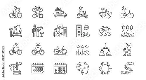 Collection of bicycle doodles featuring bikes, repair tools, and cycling accessories in a simple line art style