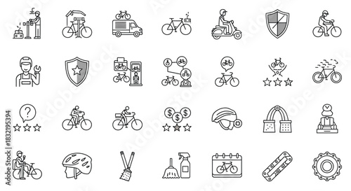 Set of linear icons for bicycle theme bike repair, bicycle rental, bike shop, delivery service, cycling race and other