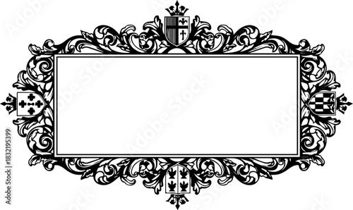 Elegant vintage heraldic frame with decorative scrollwork for invitations, certificates, and family crests adds timeless sophistication and classic style