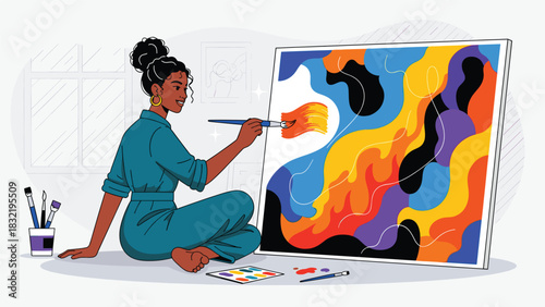 Young Artist Creates Abstract Painting with Vibrant Colors, Expressing Creativity and Imagination in a Home Studio Environment, Illustrating Artistic Expression
